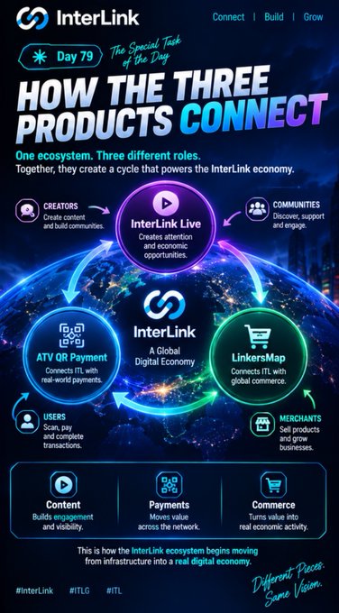 An infographic titled 'HOW THE THREE PRODUCTS CONNECT' for InterLink, showing the ecosystem with InterLink Live, ATV QR Payment, and LinkersMap, supported by users and creators.