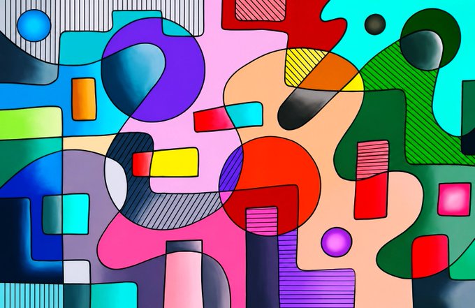 The image features a vibrant abstract art piece with various shapes, including circles, squares, triangles, rectangles, and lines of different colors such as pink, blue, green, orange, red, and purple. The artwork appears to be a digital illustration or painting that is displayed on social media platforms like Instagram. The post also mentions the availability of this artwork for both physical artworks and digital collectibles.