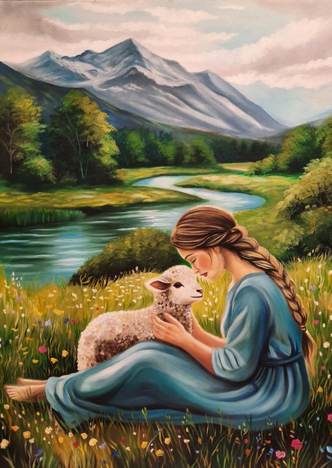 A painting of a young girl with a long braided ponytail in a blue dress sitting barefoot in a grassy meadow, gently holding a small white lamb against a backdrop of mountains and a winding river.