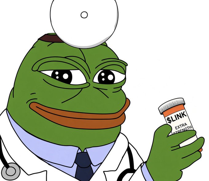 'Pepe the Frog' depicted as a doctor wearing a head mirror and stethoscope holds a pill bottle labeled '$LINK EXTRA STRENGTH'.