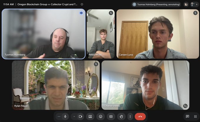 A Google Meet video call titled 'Oregon Blockchain Group' shows five participants, including the speaker Tuomas Holmberg, Miles Miller, Carsen Luna, Ryan Fagan, and Charlie Sneed.