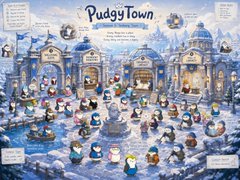 An illustration titled 'PudgyTown' depicting a snowy winter village scene with numerous penguin characters gathered around festive buildings.