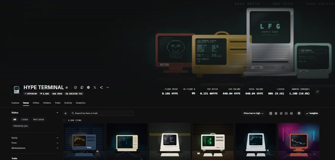 Screenshot of a NFT marketplace called 'HYPE TERMINAL' displaying a collection of retro computer-themed digital items, with stats like floor price '0.108 HYPE' and 30-day volume '549.04 HYPE'.