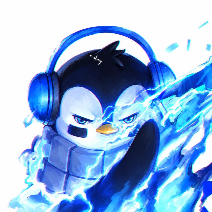 A digital illustration of an angry penguin-like character wearing blue headphones, surrounded by crackling blue electricity and energy effects.