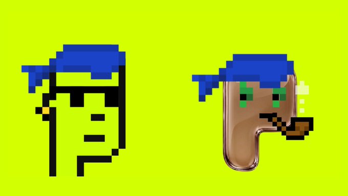 A pixel art style image on a yellow-green background showing two figures wearing blue bandanas - one appearing as a minimalist line drawing and the other resembling a brown letter 'F' with a pipe and green eyes.