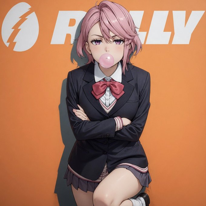 An anime-style illustration shows a pink-haired schoolgirl in a dark blazer and pink bow, blowing a bubblegum bubble with her arms crossed, against an orange background featuring the "RALLY" logo and a lightning bolt symbol. The image's bubbly, candy-colored branding contrasts with the post's warning about deceptive NFT projects that exploit creators with false promises of utility.