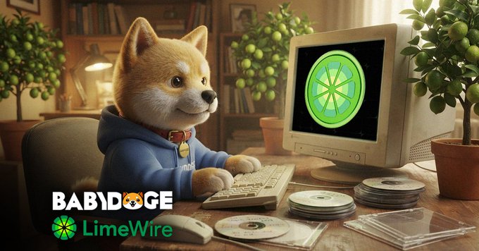A Shiba Inu dog (BabyDoge mascot) wearing a hoodie sits at a retro computer desk with CDs and a monitor displaying the LimeWire logo, surrounded by potted greenery. The image features "BABYDOGE" and "LimeWire" branding, visually representing the announced partnership between the two platforms and evoking the nostalgic early-2000s peer-to-peer file-sharing era.