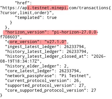 A JSON code snippet from api.testnet.minepi.com highlighting the horizon_version 'pi-horizon-27.0.0-708603' and core_version 'v27.1.0' for the Pi Testnet.