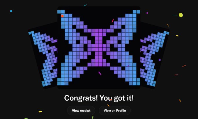 A pixel-art graphic in blue and purple displays the text 'Congrats! You got it!' with buttons to 'View receipt' and 'View on Profile.'