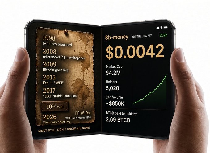 A foldable smartphone displaying a crypto tracking app for "$b-money" (0xF497...da7777) showing a price of $0.0042, a market cap of $4.2M, 5,020 holders, and a 2026 timeline referencing 'Wei Dai' and 'b-money, 1998.'