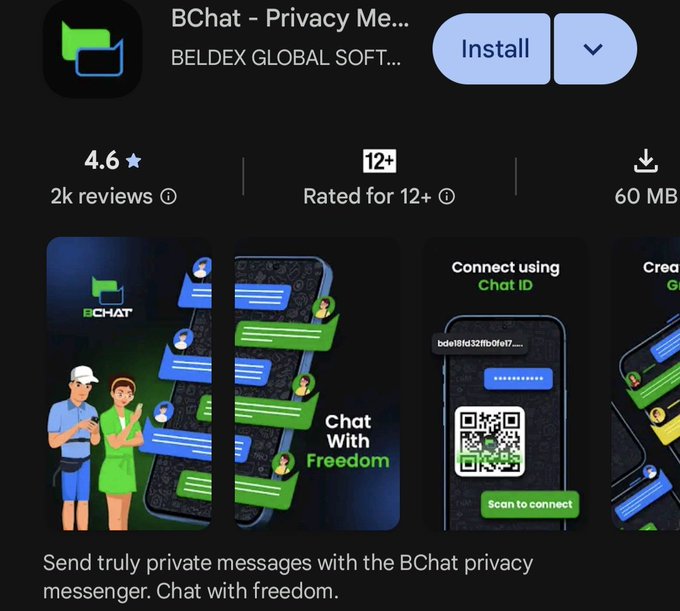 A Google Play Store listing for 'BChat - Privacy Me...' by BELDEX GLOBAL SOFT..., rated 4.6 stars with 2k reviews, showing app screenshots and the description 'Send truly private messages with the BChat privacy messenger.'