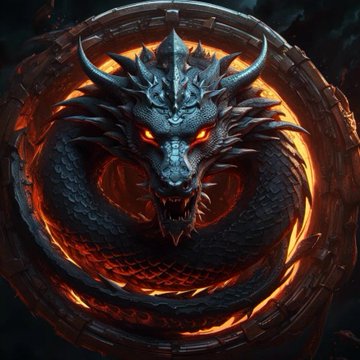 A fearsome coiled dragon with glowing orange eyes and horns is framed within a fiery circular emblem, evoking the ancient Ouroboros symbol referenced in the post about the Cardano protocol upgrade. The serpent-like creature's endless loop visually represents the blockchain's namesake, complementing the news of the Leios throughput-boosting milestone.