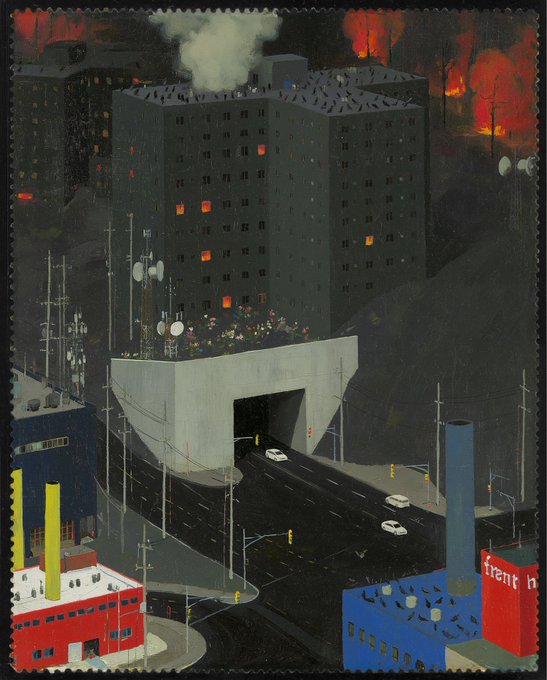 The image features a painting of an urban scene with buildings, cars, and people. The artwork depicts a cityscape with tall buildings, including one that has a tunnel leading into another building. There are also several cars visible within the scene. The painting is titled "reserve met The auction for 𝘁𝗵𝗲 𝘀𝗲𝗰𝗼𝗻𝗱 𝘀𝗲𝗰𝗼𝗻𝗱" and has been described as a "post-impressionist painting". The artwork is displayed on a postage stamp, indicating its value or significance.