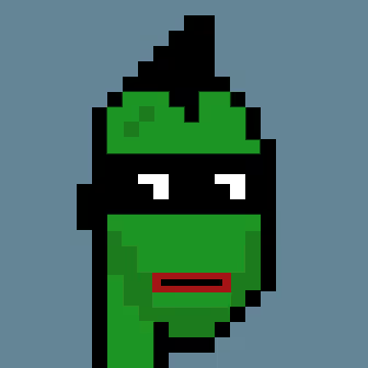 A pixel art image of a green character with a bowl cut hairstyle and red lips against a blue background.