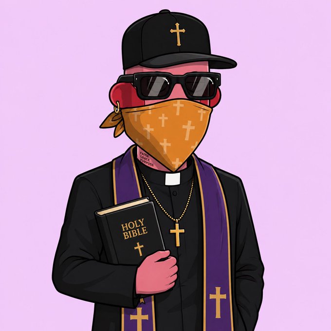 A cartoon character styled as a hip-hop priest wearing a cross-emblazoned cap, sunglasses, orange bandana, and purple vestments holds a "HOLY BIBLE" while a "FAITH OVER FUDGE" tattoo is visible on his neck. The image's blend of religious iconography and streetwear humorously matches the post's theme of "finding prophecy" about NFT projects, treating crypto calls as divine revelation.