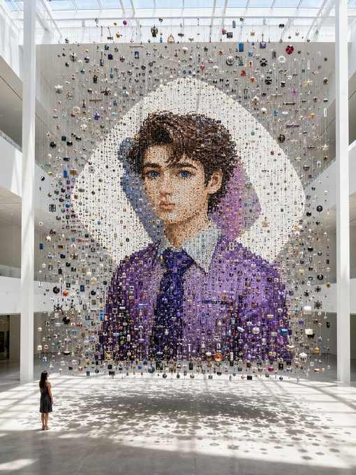 An interior view of a spacious hall featuring a massive, intricate mosaic portrait of a young man in a purple suit, composed of numerous small suspended objects, with a person standing below.