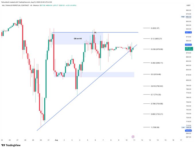 A TradingView 4-hour candlestick chart for the MJ TetherUS PERPETUAL CONTRACT (MJ/USDT) showing price movements with Fibonacci retracement levels drawn from a $ to $ 1 swing.