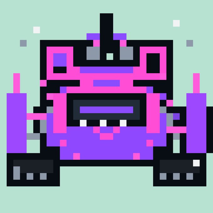 A retro pixel-art robot or mech character in pink, purple, and black colors on a light mint green background.