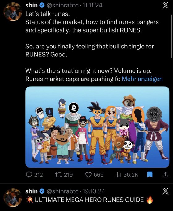 A Twitter/X post from @shinrabtc discusses RUNES market analysis, featuring an image with various cartoon/anime characters including Dragon Ball's Goku.