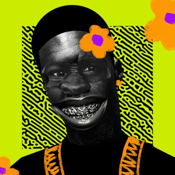 A stylized portrait of a smiling person with grills, decorated with orange flowers on a vibrant yellow-green background with circuit board patterns.