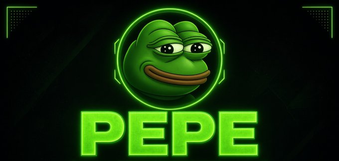 A stylized green Pepe the Frog character logo with the text 'PEPE' below it on a dark background.