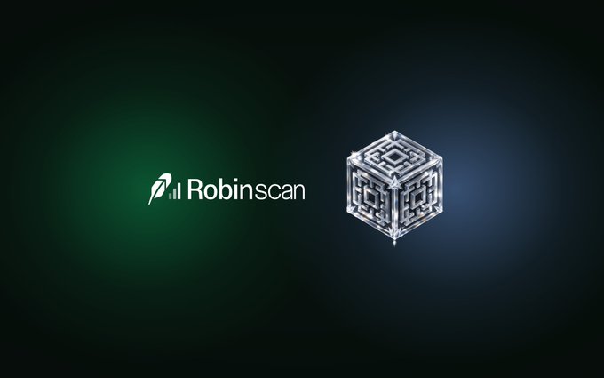 Robinscan logo with a 3D metallic cube icon on a dark background with green and blue gradient lighting.