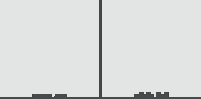 A nearly identical minimalist black and white graphic with a vertical divider and small pixelated shapes at the base.