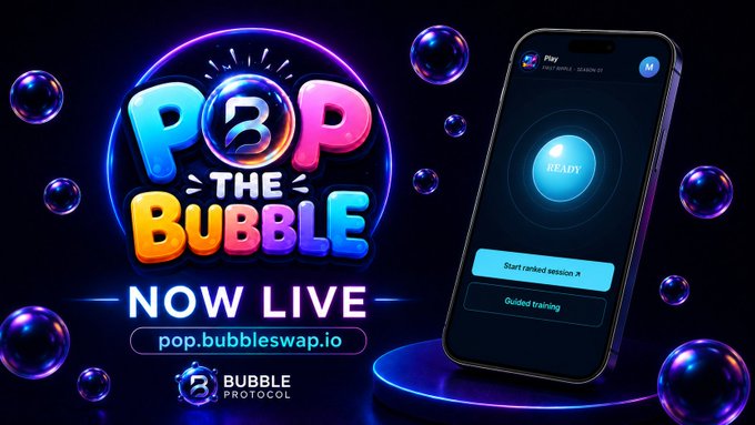 Promotional graphic for 'POP THE BUBBLE' game on Bubble Protocol at pop.bubbleswap.io, showing a mobile app interface with 'Start ranked session' option.