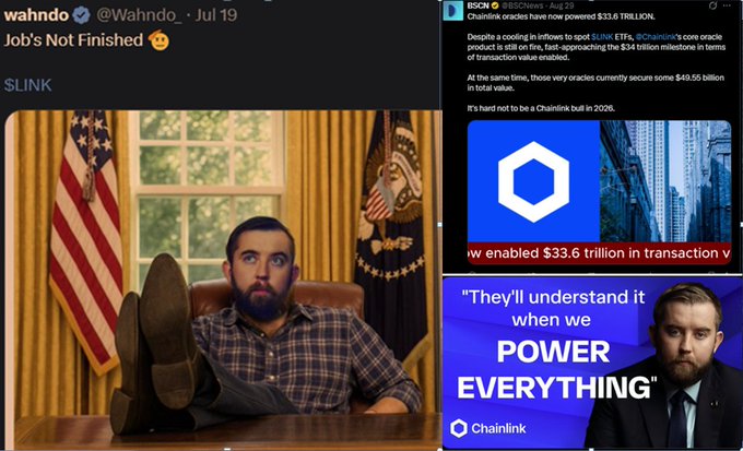 A collage of social media posts, including a Wahndo tweet saying 'Job's Not Finished' with an image of a man with his feet on a desk in the Oval Office, and a BSC News post stating Chainlink oracles have powered $33.6 trillion in transactions with 'POWER EVERYTHING' tagline.