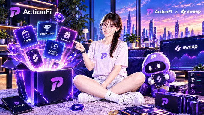A promotional graphic for "ActionFi x sweep" featuring a young woman with glasses sitting next to a purple robot, surrounded by a glowing purple box emitting items labeled "Tasks", "Leaderboard", "Creator Contests", "Lotteries", with a cityscape in the background.