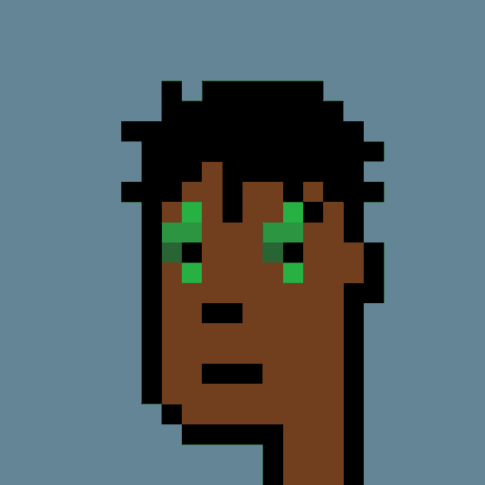 A pixel art portrait of a person with dark skin, black hair, and bright green eyes outlined in black against a solid light blue background.