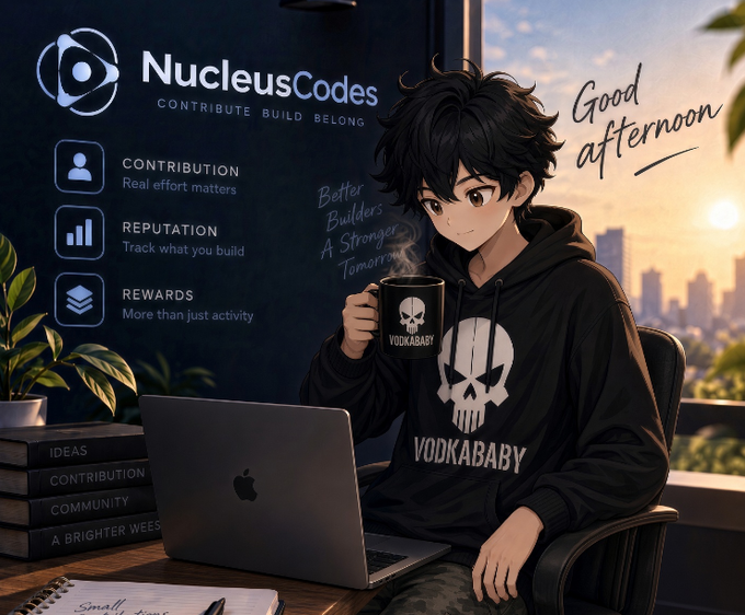 An anime-style promotional graphic for 'NucleusCodes' showing a character in a black 'VODKABABY' skull hoodie holding a mug, alongside features like 'CONTRIBUTION', 'REPUTATION', and 'REWARDS'.