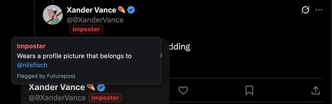 A Twitter/X profile screenshot for 'Xander Vance' (@0XanderVance), with a warning popup labeling the account an 'Imposter' for using a profile picture belonging to '@nilsfisch'.