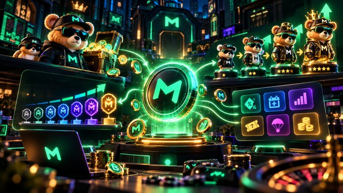 A stylized, neon-lit digital illustration features teddy bear mascots wearing sunglasses and "M" caps surrounding a glowing "M" coin emblem, with floating app icons and star-tiered bear figurines set against a cyberpunk-style backdrop. The vibrant "M" branding visually reinforces the post's focus on $MNTD as the utility and rewards token powering the PlayOnMint ecosystem.