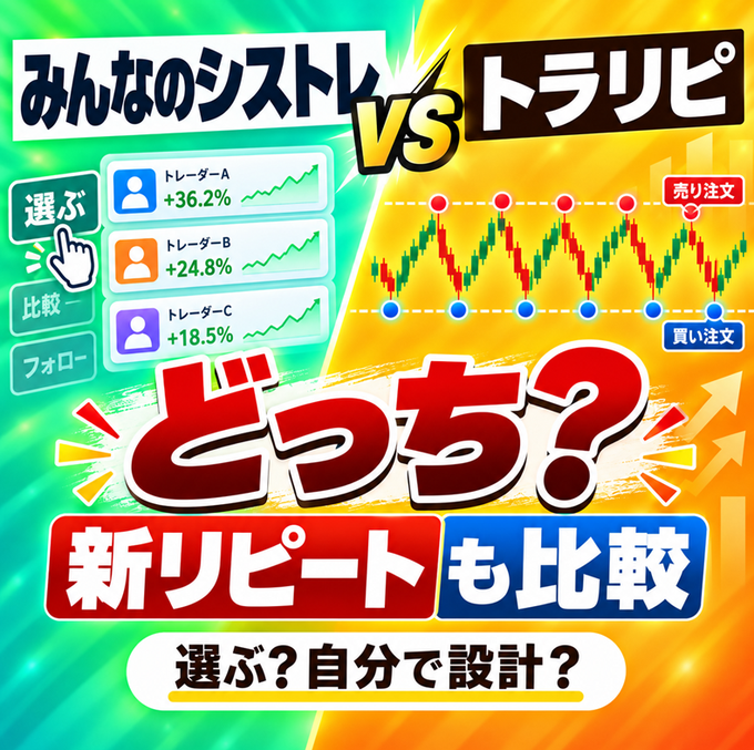 A Japanese promotional graphic compares trading strategies, featuring text like "みんなのシストレ VS トラリピ," "どっち?" (Which one?), and "選ぶ?自分で設計?" (Choose? Design yourself?), alongside trader performance metrics and a chart.