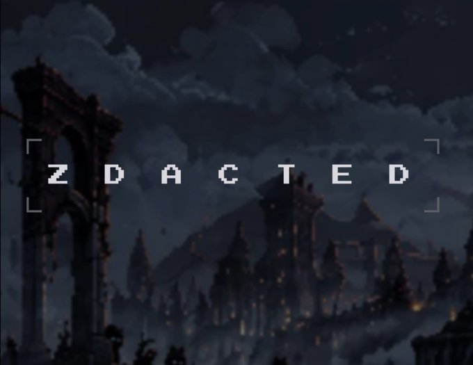 A dark, stylized game scene features ruins and a castle at night, with the pixelated text 'ZDACTED' displayed across the center.