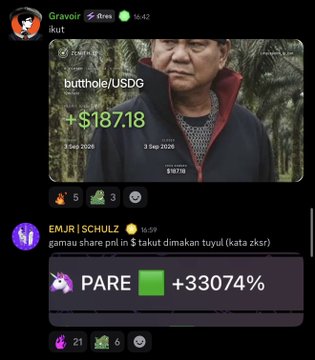 The image shows a Discord chat featuring a meme of an Asian man looking skeptical, captioned "butthole/USDG" with a staggering +$187.18 gain, alongside a second post highlighting a wallet "EMJR | $CHULZ" boasting an astronomical "+33074%" return on a token called "PARE" with a green candle icon. The accompanying message celebrates fellow community members cooking gains through trenching and LP strategies, tying directly to the displayed profit screenshots as proof of the channel's alpha calls paying off.