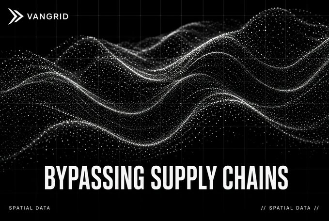 A dark promotional graphic for 'VANGRID' reads 'BYPASSING SUPPLY CHAINS' and 'SPATIAL DATA' beneath an abstract visualization of undulating particle waves.