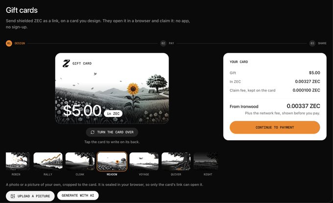 A ZEC Gift Card design interface showing a $5.00 ZEC gift card with a meadow and sunflower image, offering options to upload a picture or generate with AI, with selectable designs including Robin, Rally, Cloak, Meadow, Voyage, Oliver, and Night.