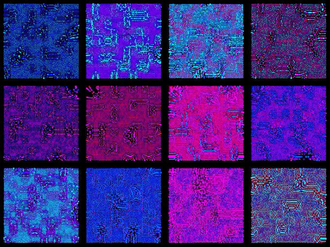 A 4x3 grid of square images with glitch-art aesthetics, displaying noisy, colorful patterns in shades of purple, blue, and pink resembling distorted circuit board designs.