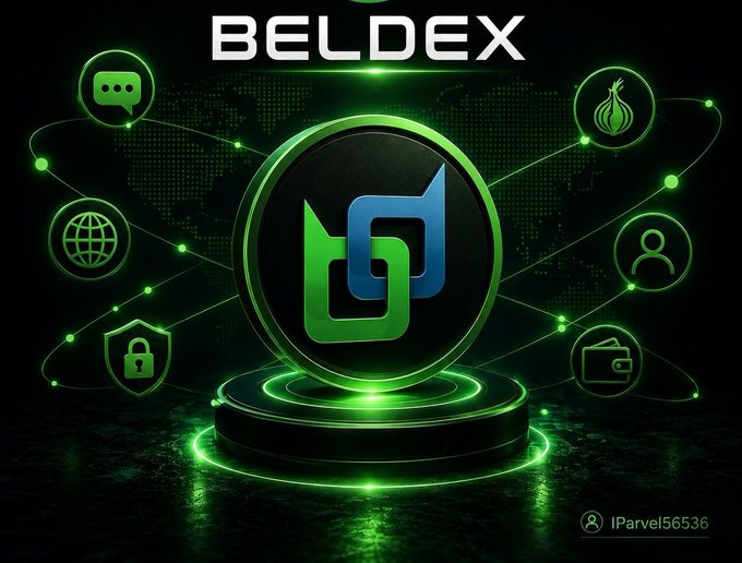 A promotional graphic for 'BELDEX' cryptocurrency featuring a green and blue logo surrounded by icons representing messaging, global connectivity, security, onion routing, user accounts, and digital wallets against a dark technological background.