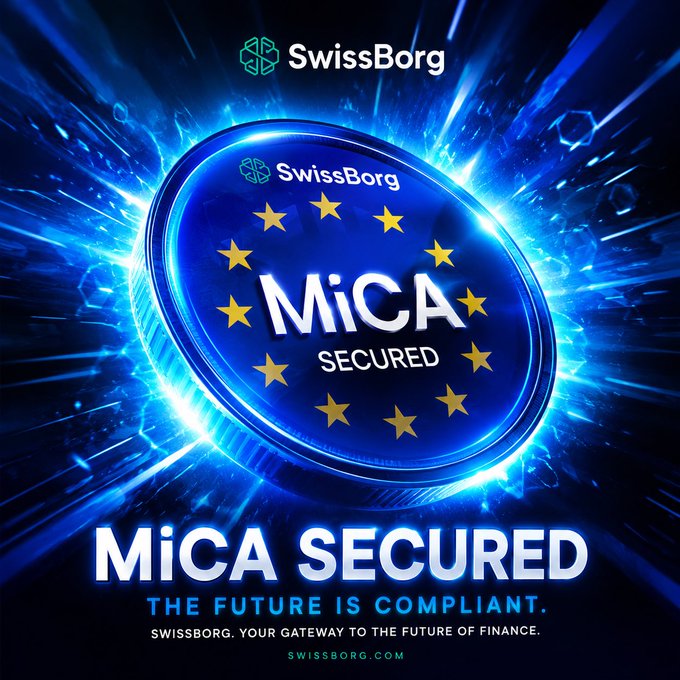 A SwissBorg promotional graphic featuring a glowing blue EU-styled emblem with yellow stars and the text "MiCA SECURED - THE FUTURE IS COMPLIANT," reinforcing the post's message that SwissBorg is a regulated, compliant crypto platform worth joining.

Alternative caption: SwissBorg's "MiCA SECURED" badge with the tagline "The Future is Compliant" and "swissborg.com," supporting the post's recommendation of SwissBorg as a leading crypto app.