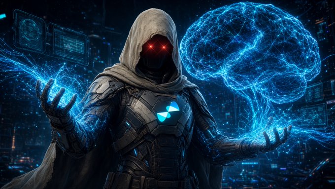 Digital artwork depicting a hooded figure with glowing red eyes wearing futuristic armor with a blue geometric chest emblem, holding glowing blue energy in both hands with a holographic brain floating beside them, set against a dark tech-themed background.