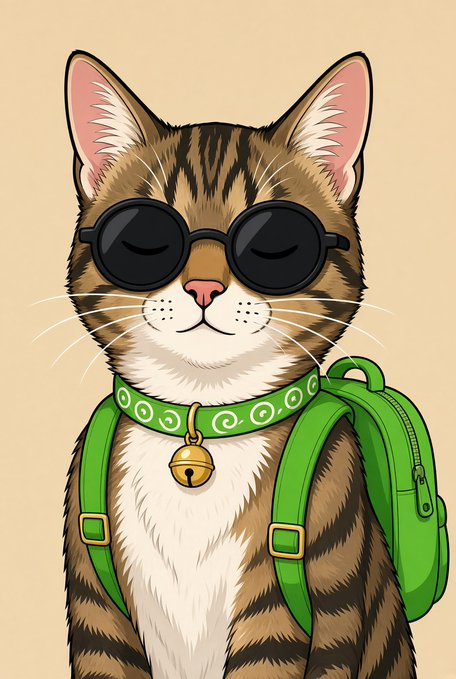 A cartoon illustration shows a tabby cat wearing sunglasses, a green collar with a bell, and a green backpack.
