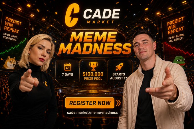 A promotional banner for 'CADE Market' advertising a 'MEME MADNESS' contest with a $100,000 prize pool over 7 days starting August 17, featuring two presenters and the URL cade.market/meme-madness.