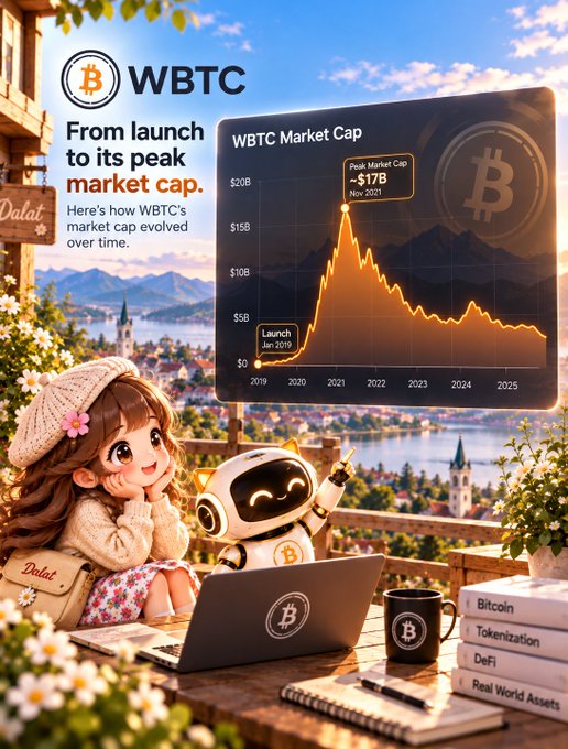 A digital illustration features a girl and a robot analyzing a WBTC market cap chart on a laptop, displaying growth from launch in January 2019 to a peak of $17B in November 2021, followed by a decline through 2025. The scene is set against a scenic landscape with Bitcoin-themed accessories like a "₿" mug and books on Tokenization, DeFi, and Real World Assets, visually framing the post's theme about what market cap figures reveal about an asset's trajectory.