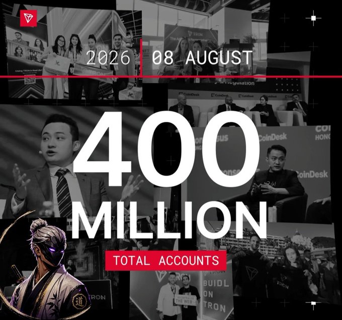 TRON cryptocurrency infographic celebrating '400 MILLION TOTAL ACCOUNTS' on August 8, 2026, featuring black-and-white photos of Justin Sun at a CoinDesk conference.