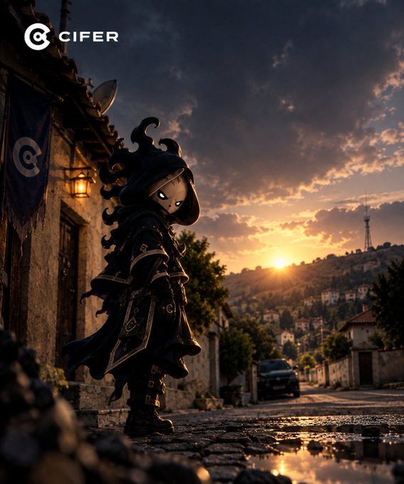 A stylized digital illustration featuring a chibi-like hooded character with glowing eyes standing on a cobblestone street at sunset, with the CIFER logo in the top left.