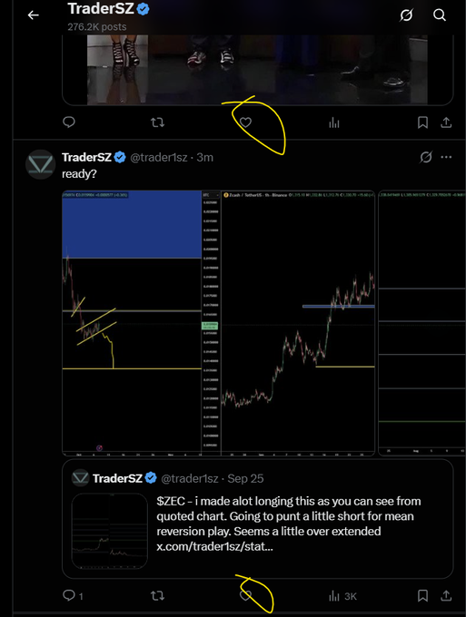 A screenshot of the @trader1sz Twitter/X profile displays a recent post showing a ZECUSDT long/short trade setup with the caption "ready?" alongside an older pinned post about $ZEC. Hand-drawn yellow circles highlight the reply/comment icons on the posts, seemingly emphasizing the low engagement or comments, which relates to the user's comment about algo reach being poor after bearish ZEC posts.