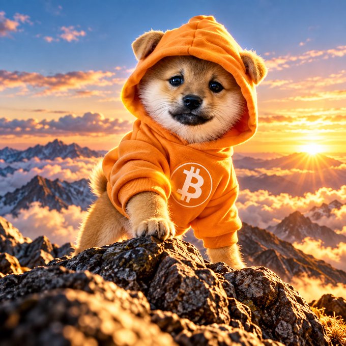 A Shiba Inu puppy wearing an orange Bitcoin hoodie climbing a rocky mountain peak at sunset above the clouds.